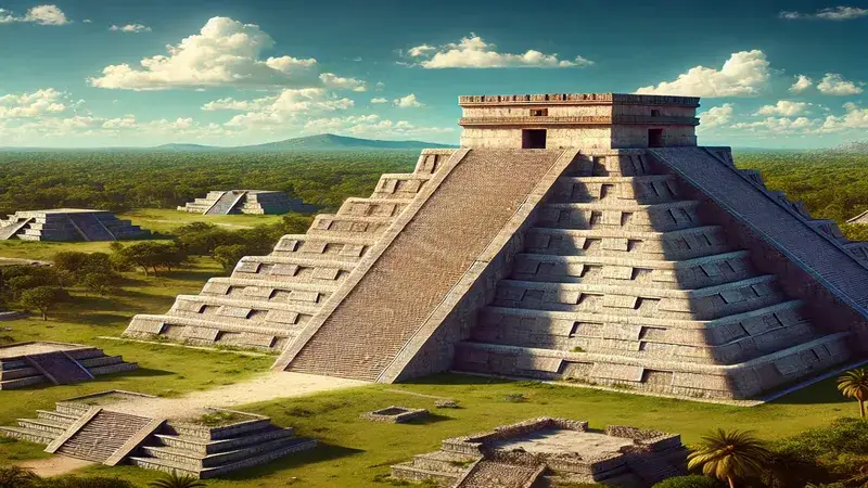 Imagen de la pirámide de Kukulkán en Chichén Itzá bajo el cielo azul