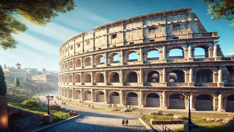 Imagen del Coliseo Romano con sus arcos de piedra y el cielo despejado