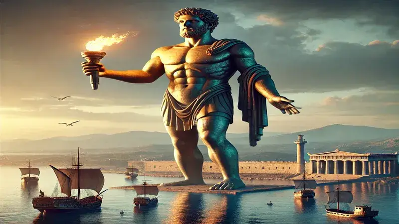 Imagen del Coloso de Rodas con su figura de bronce en la entrada del puerto
