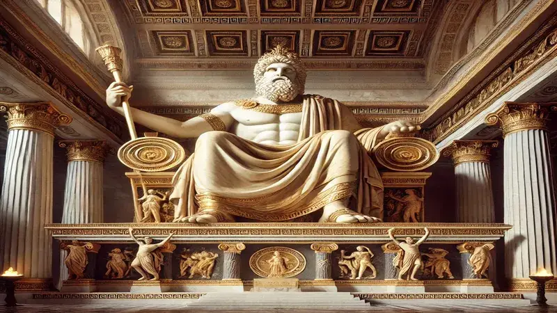 Imagen de la Estatua de Zeus sentado en su trono en el templo de Olimpia.