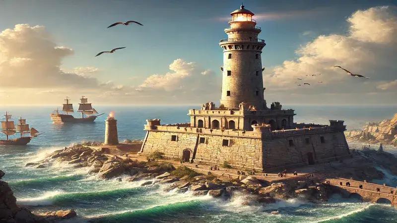 Imagen del Faro de Alejandría iluminando la costa egipcia.