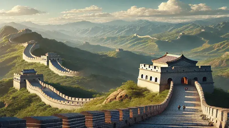 Imagen de la Gran Muralla China serpenteando entre montañas verdes