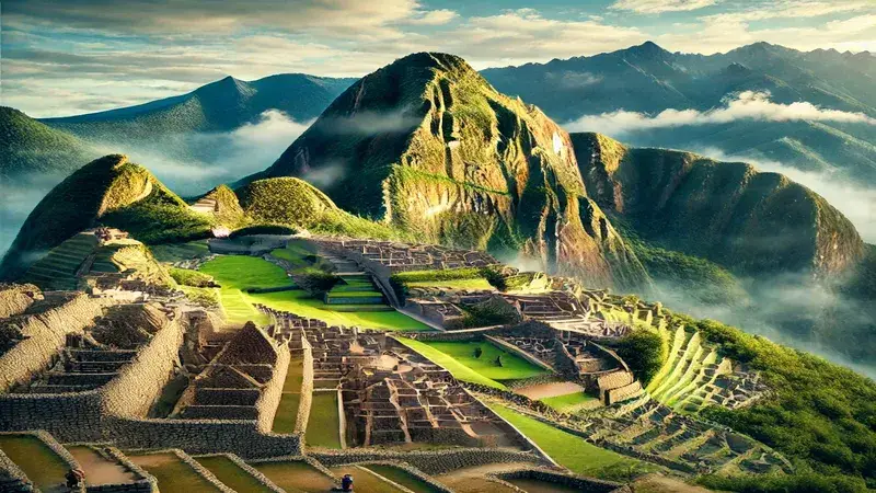 Imagen de Machu Picchu rodeada de montañas y nubes.