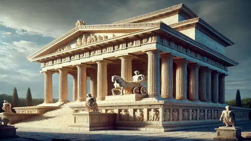 Imagen del Mausoleo de Halicarnaso con sus columnas y estatua en la cima