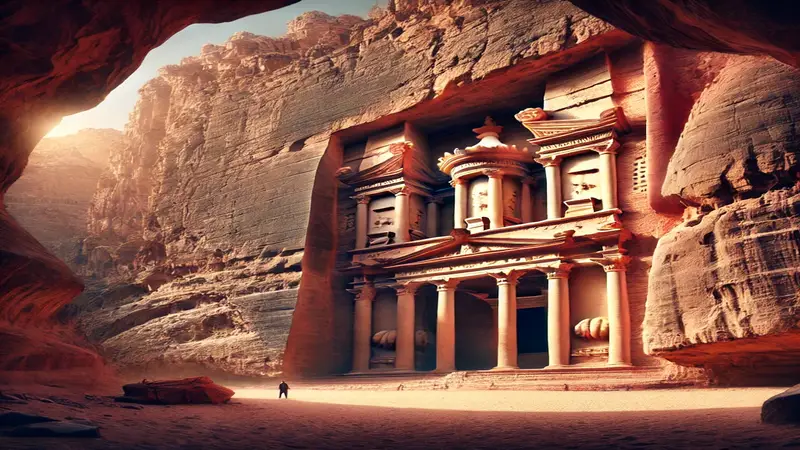Imagen de Petra en Jordania, mostrando la fachada tallada en roca de