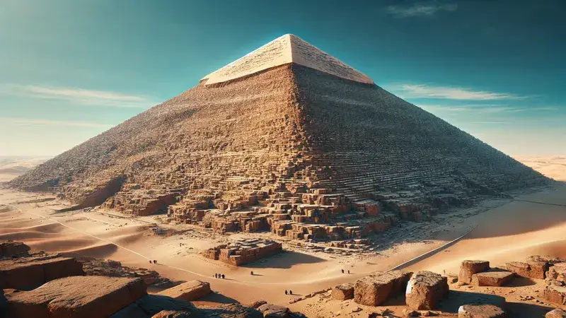 Imagen de la Gran Pirámide de Guiza con cielo despejado y arena del desierto