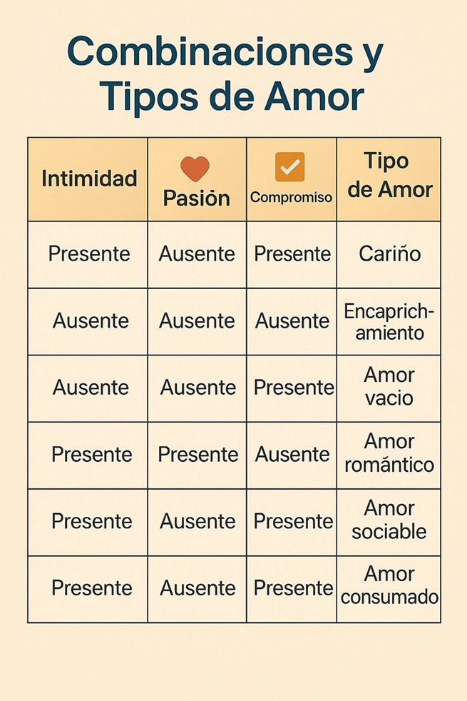 Tabla de combinaciones y tipos de amor según la teoría triangular del amor de de Robert Sternberg, con los componentes: intimidad, pasión y compromiso