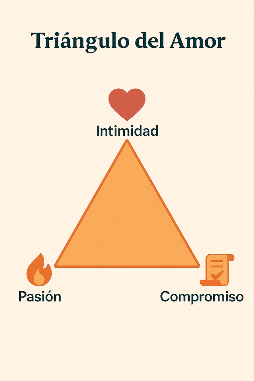 Esquema de la Teoría del triángulo amoroso de Sternberg con los tres componentes: intimidad, pasión y compromiso